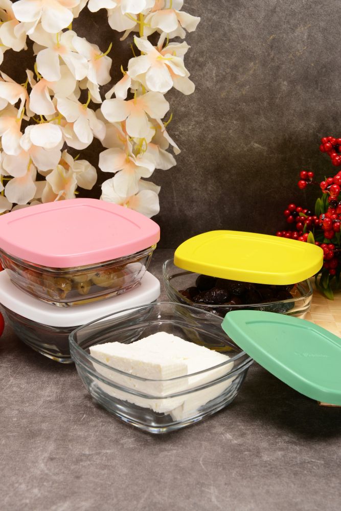 Paşabahçe Pudding clear containers with coloured lids