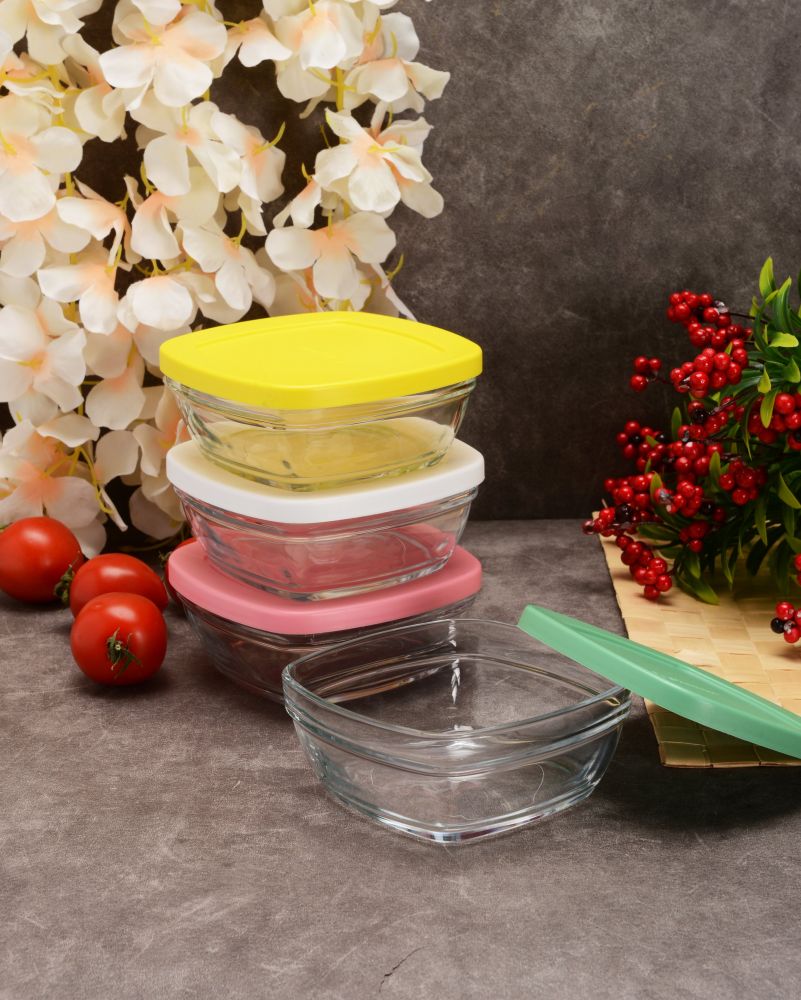 Paşabahçe Stacked Pudding containers with coloured lids