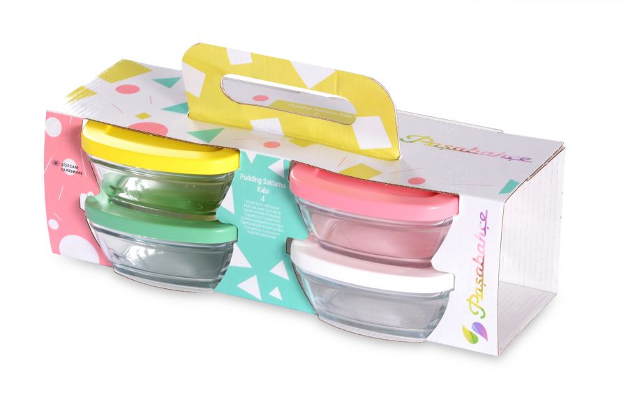 Paşabahçe Pudding retail packaging with four lidded containers