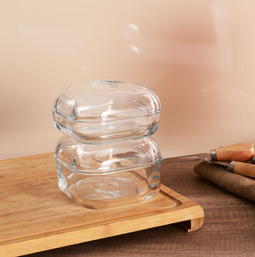 Paşabahçe Two empty Plus containers stacked on a board