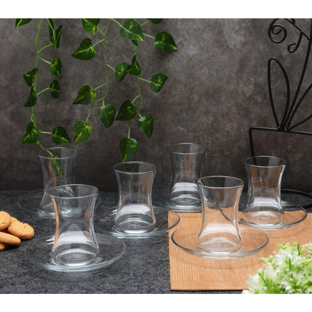 Paşabahçe Six Miss tea glasses with round saucers