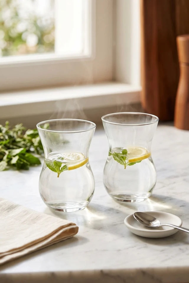 Paşabahçe Two Beykoz glasses with lemon water and saucers