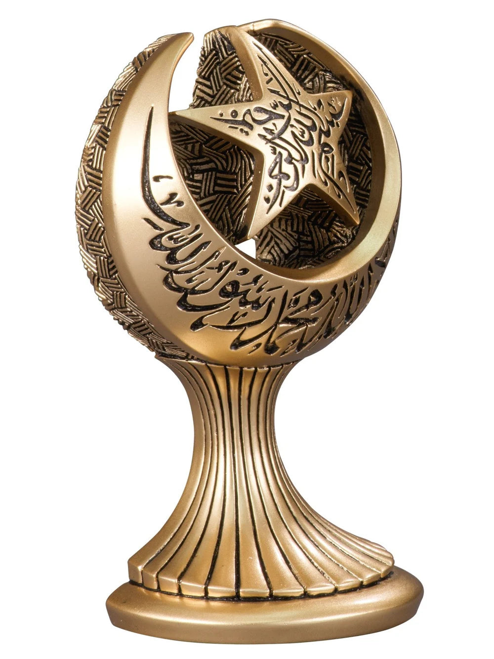 Angled view of gold-coloured crescent and star ornament