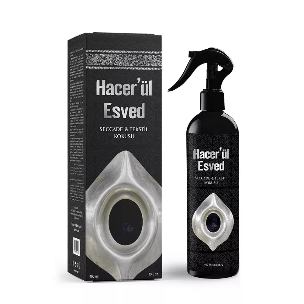 Hacer’ül Esved fragrance spray bottle with matching black packaging