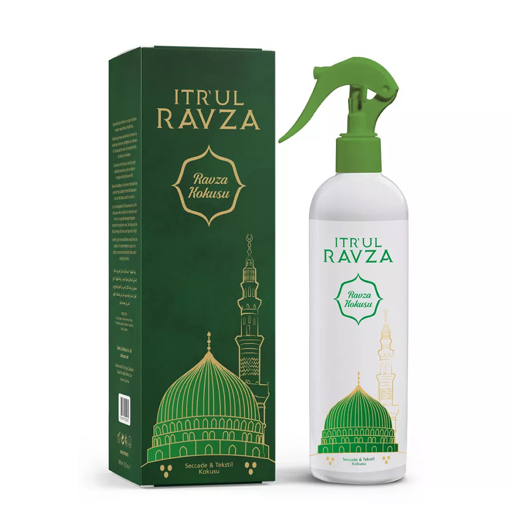 Itr’ul Ravza fragrance spray bottle with matching green and white packaging