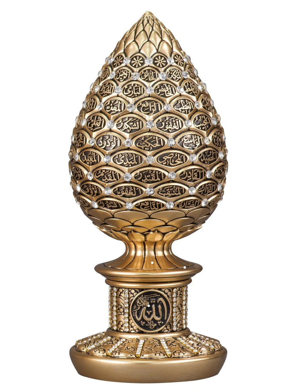 Gold-coloured Esmaul Husna pine cone ornament on a pedestal