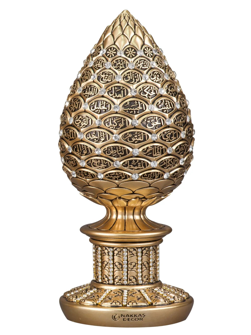 Angled view of gold-coloured Esmaul Husna pine cone ornament