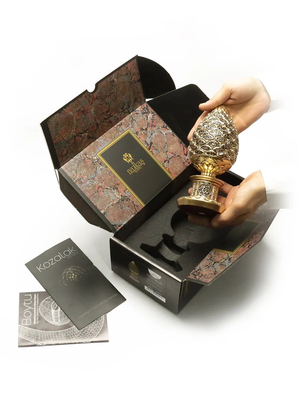 Esmaul Husna pine cone ornament shown with presentation packaging