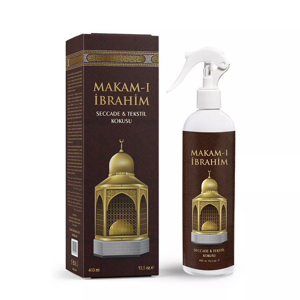 Makam-ı İbrahim fragrance spray bottle with matching brown and white packaging