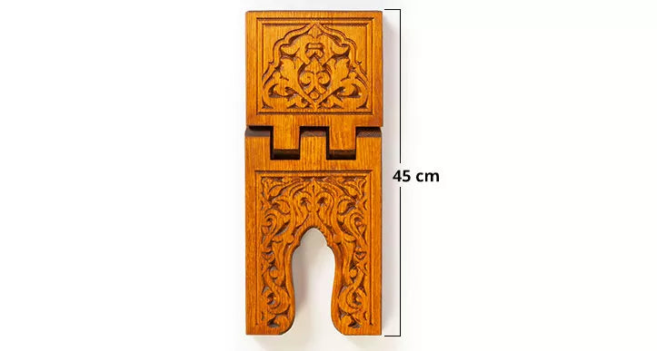 Selçuk Quran stand shown folded with a measurement guide