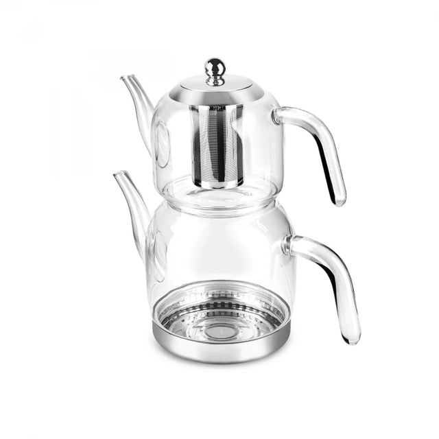 Angled view of the Karaca Panora glass teapot set