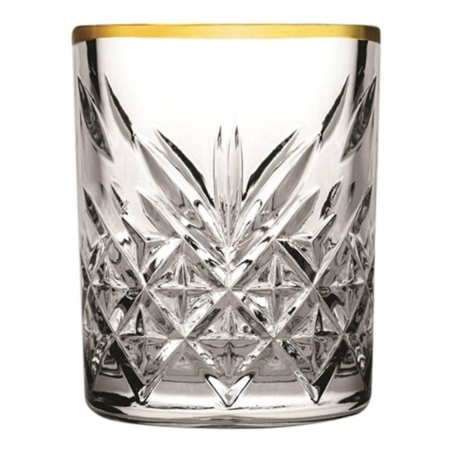 Paşabahçe Timeless Golden Touch patterned tumbler with gold-coloured rim