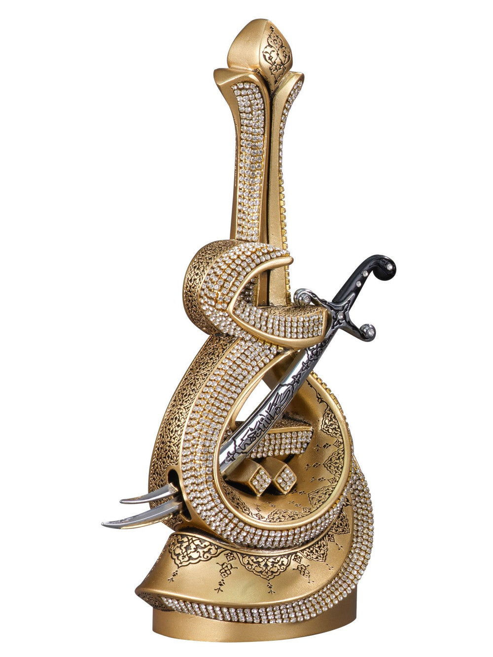 Gold-coloured Ism-i Ali calligraphy and Zulfiqar ornament