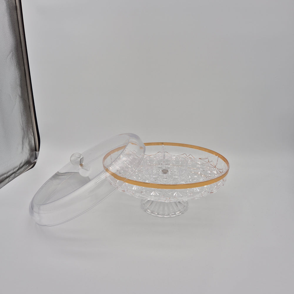 Round Snack Serving Dish with Lid - Large Gold Trim with lid removed