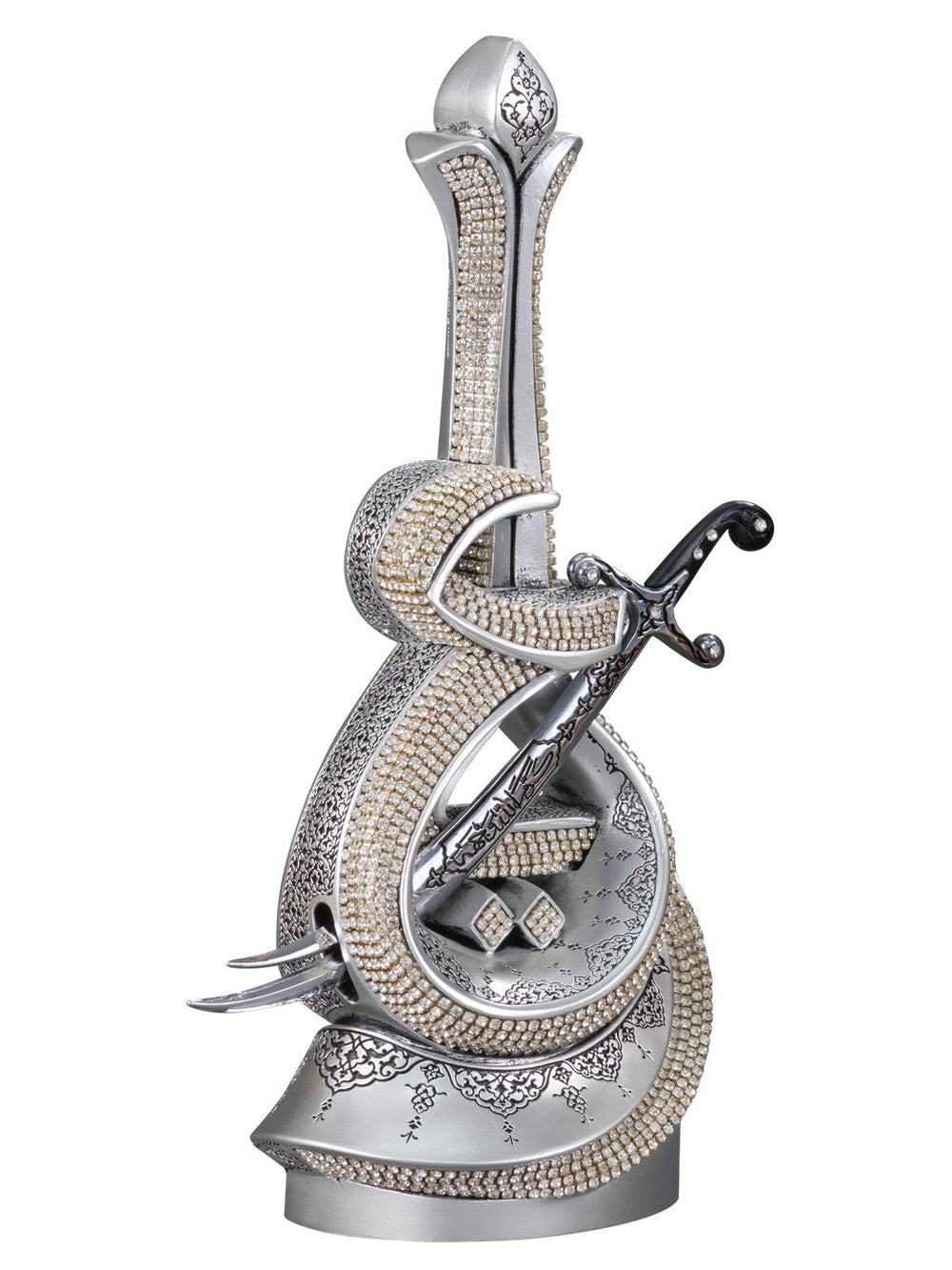 Silver-coloured Ism-i Ali calligraphy and Zulfiqar ornament