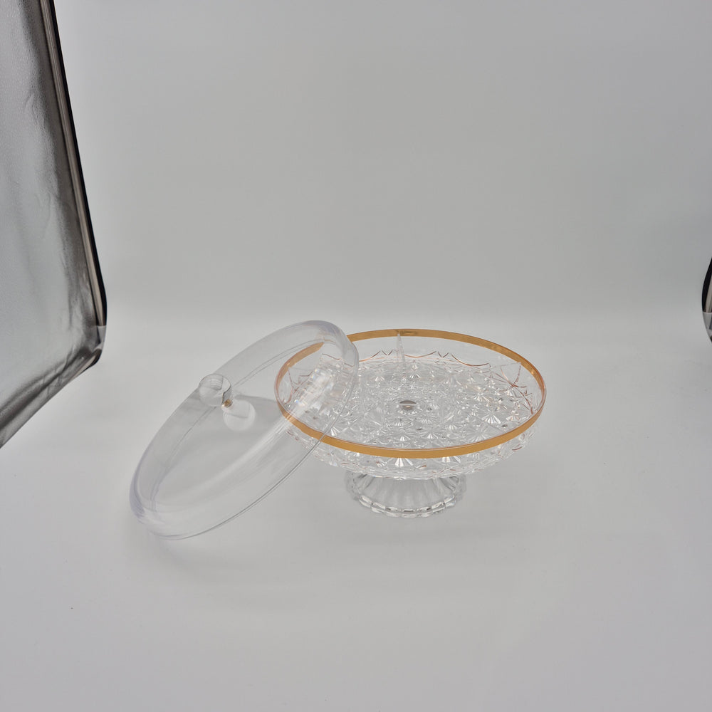 Round Snack Serving Dish with Lid - Small Gold Trim with lid removed