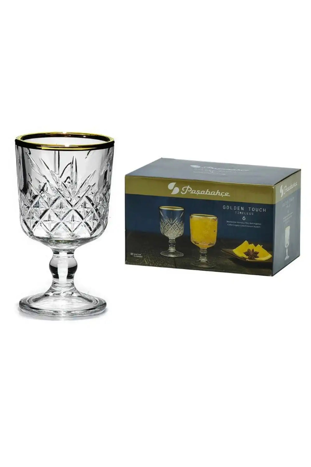 Paşabahçe Timeless Golden Touch mini stemmed glass beside retail box