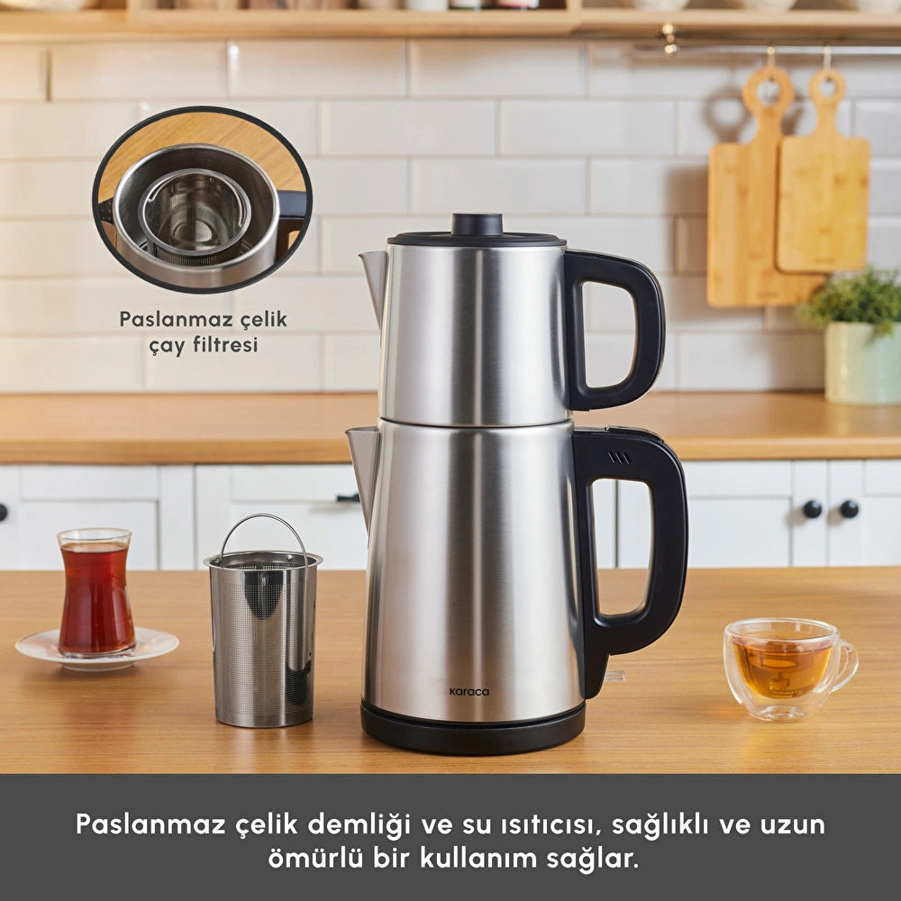 Karaca TeaBig XL stainless steel tea maker in a styled kitchen