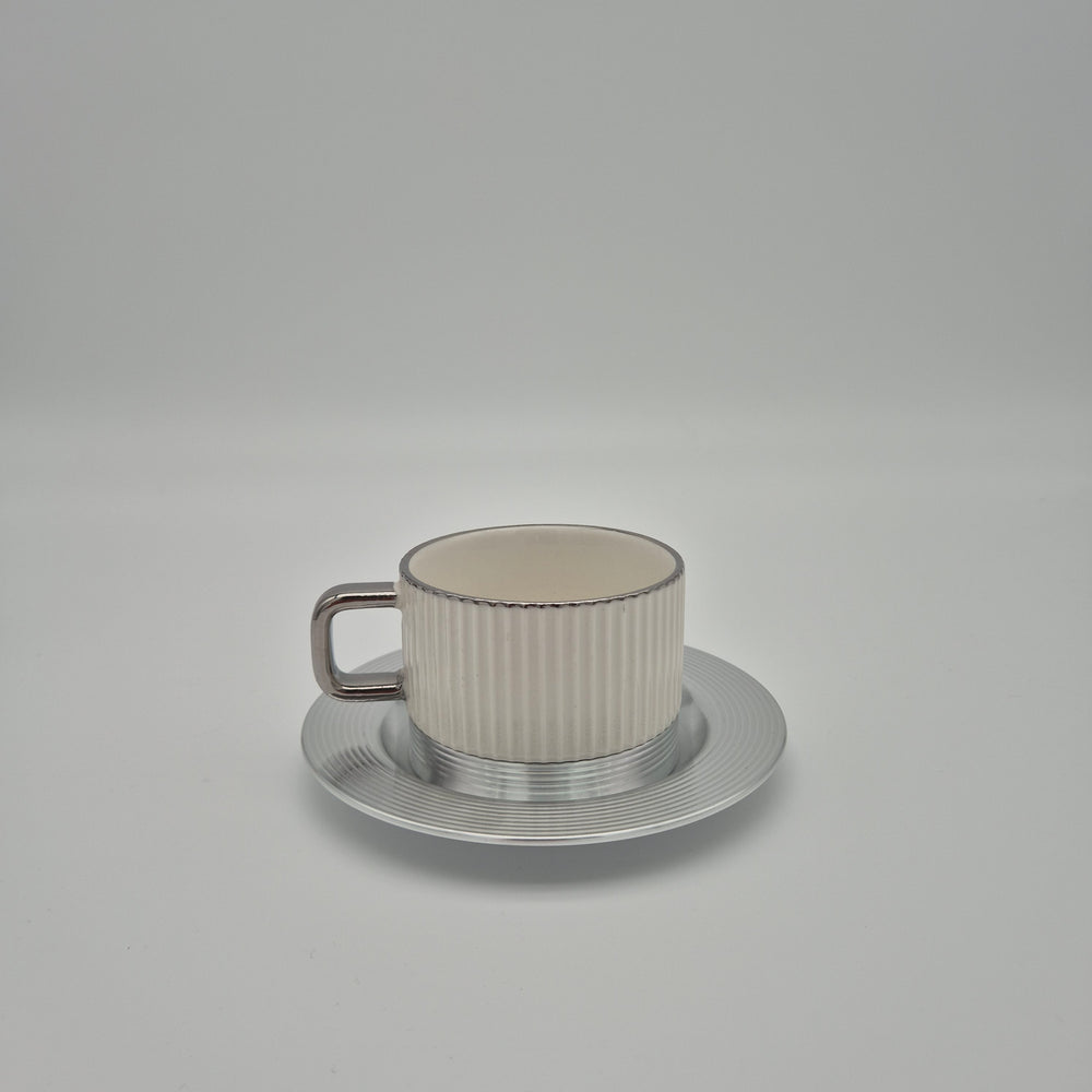 White Eylul ribbed coffee cup with silver-coloured saucer
