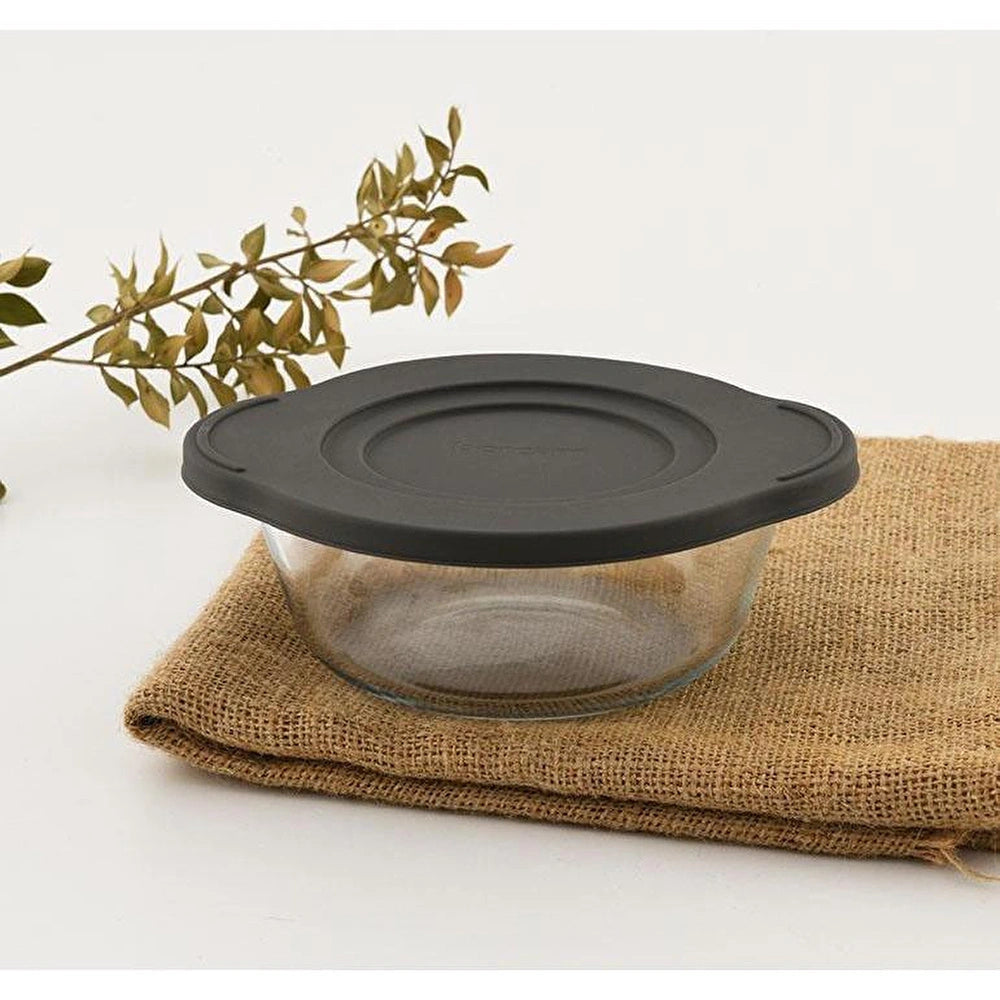 Paşabahçe Borcam round clear casserole with grey lid