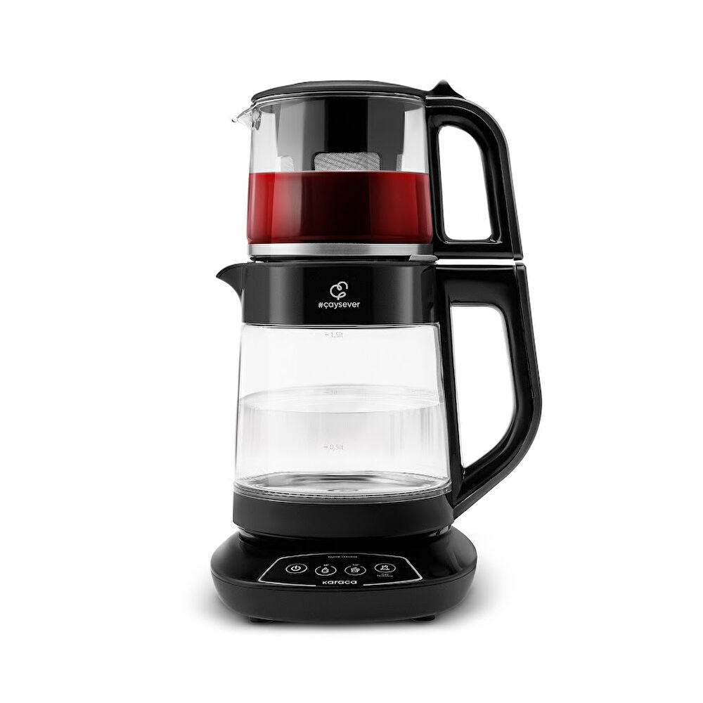 Black Karaca Çaysever 3-in-1 glass tea maker, front view