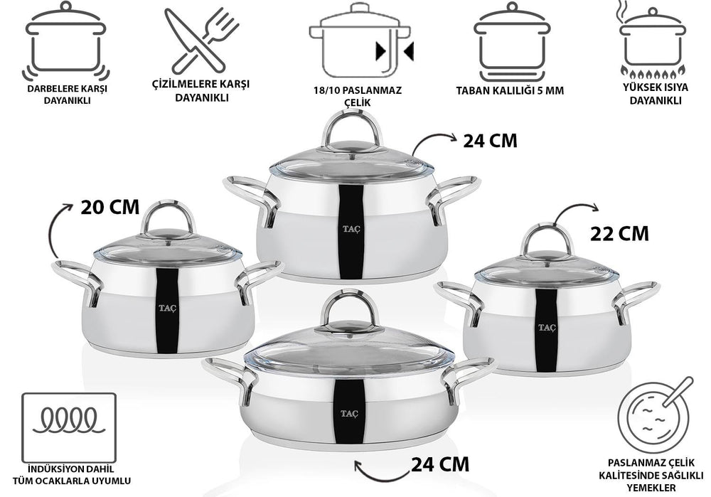 Taç Miranda Stainless Steel Cookware Set, 8 Pieces