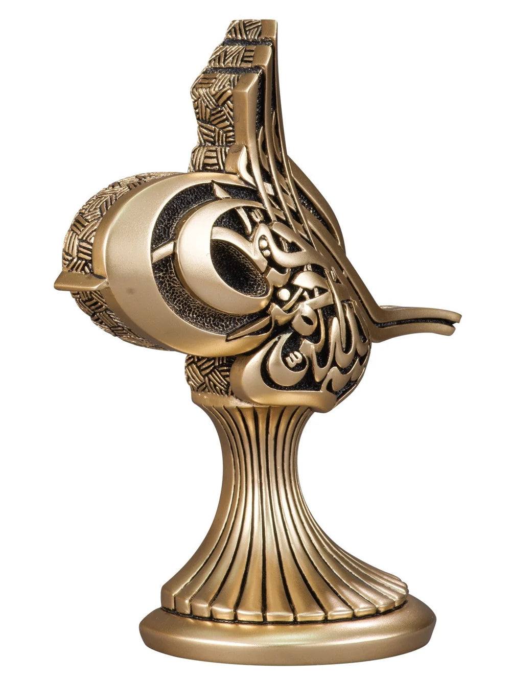 Angled view of Nakkaş tughra ornament and fluted base